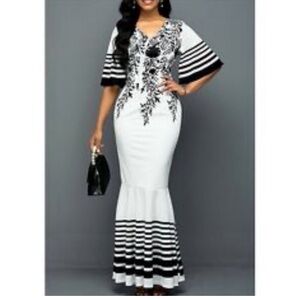 Maxi  Dress Women Printed Stitching Long High Waist V-Neck Size XL Dress